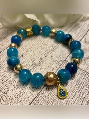 Evil Eye Charmed Blue Agate Gemstone Beaded Bracelet Evil Eye, stretch 10mm